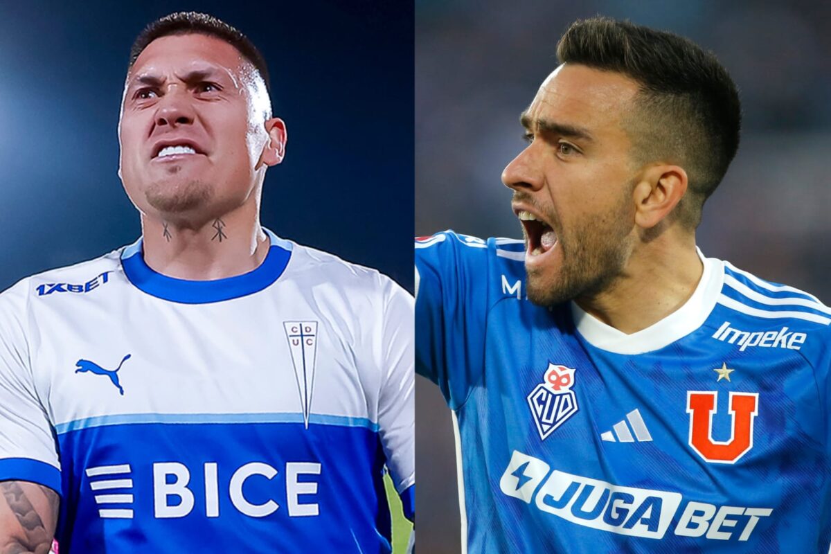 Primer plano a Matías Zaldivia y Nicolás Castillo con camisetas de Universidad de Chile y Universidad Católica.