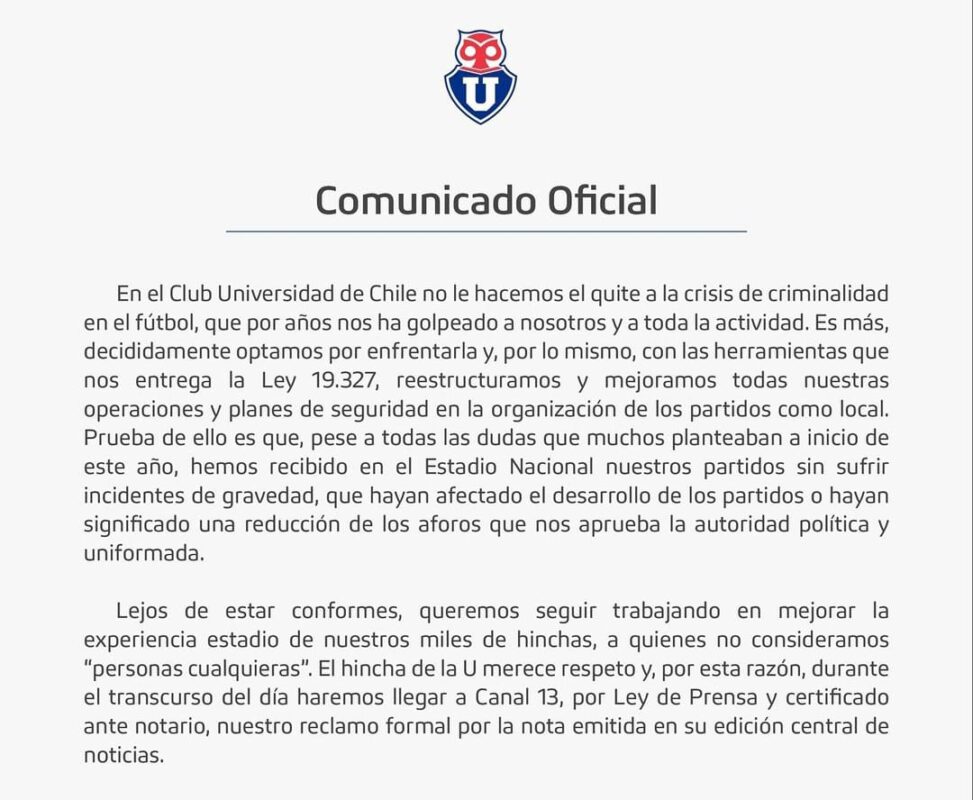 Desde la U anuncian medidas contra Canal 13 por inapropiado comentario contra el club