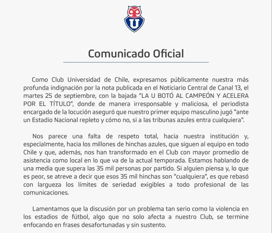 Desde la U anuncian medidas contra Canal 13 por inapropiado comentario contra el club