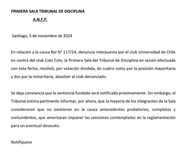 Es oficial: Tribunal de Disciplina de la ANFP desestima la denuncia de la U contra Colo-Colo