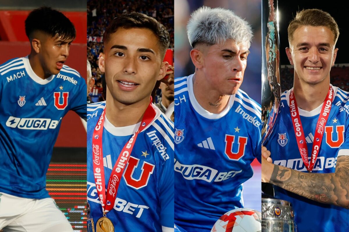 Marcelo Morales, Lucas Assadi, Maximiliano Guerrero y Franco Calderón con camiseta de Universidad de Chile.